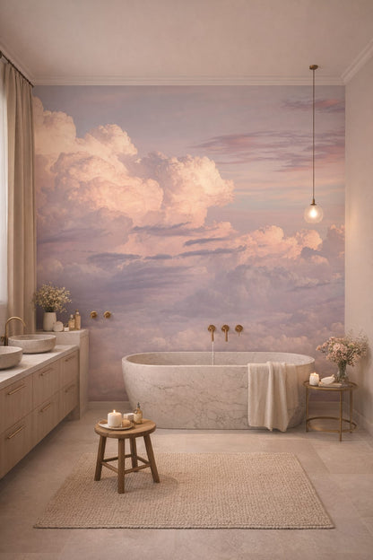 Greige Quiet Luxury clouds featuring pastel sky - Wall Mural Peel and Stick Wallpaper for Quiet Luxury Luxury Bathroom