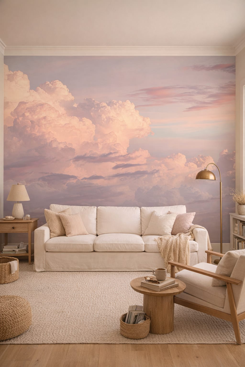 Coastal sand-toned clouds featuring pastel sky - Wall Mural Peel and Stick Wallpaper for Coastal Reading Room.