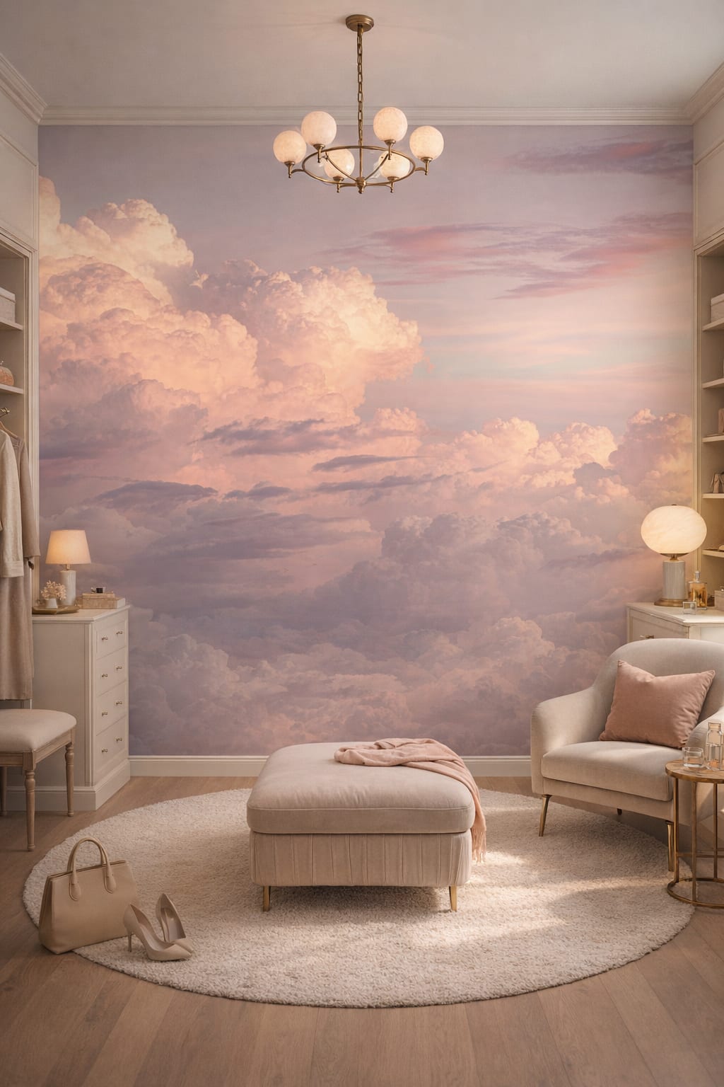 Classic Cream clouds featuring pastel sky - Wall Mural Peel and Stick Wallpaper for Modern Classic Dressing Room.