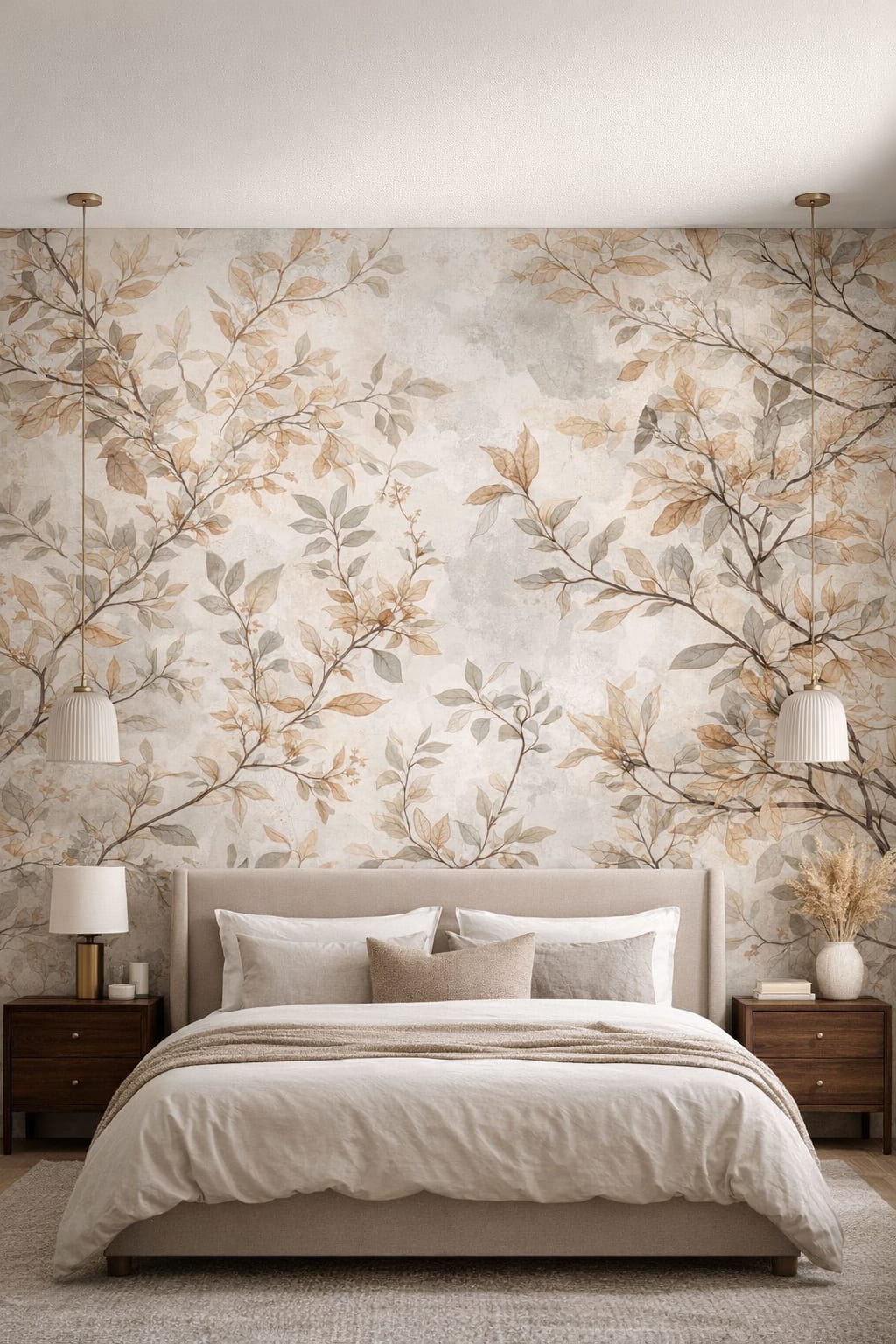 Organic Modern sand-toned botanical branches - Wall Mural Peel and Stick Wallpaper for Organic Modern Master Bedroom.