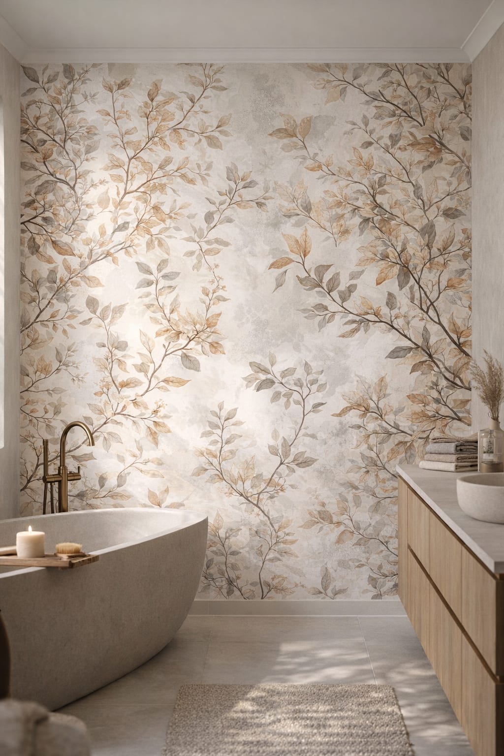 Japandi sand-toned - Botanical branch pattern - Wall Mural Peel and Stick Wallpaper for Japandi Luxury Bathroom.