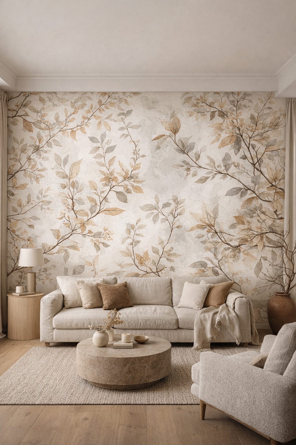 Wabi-sabi muted earth tones - Watercolor leafy branches - Wall Mural Peel and Stick Wallpaper for Wabi-sabi Living Room.