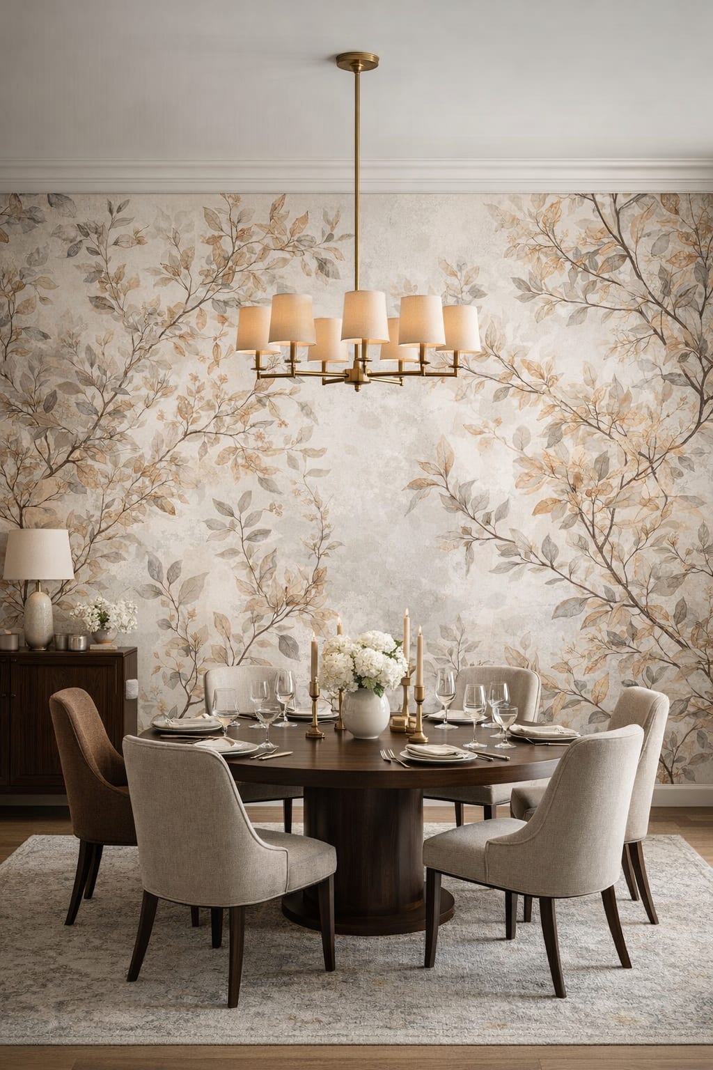 Modern Classic warm gray - Leafy branch pattern - Wall Mural Peel and Stick Wallpaper for Modern Classic Formal Dining Room.