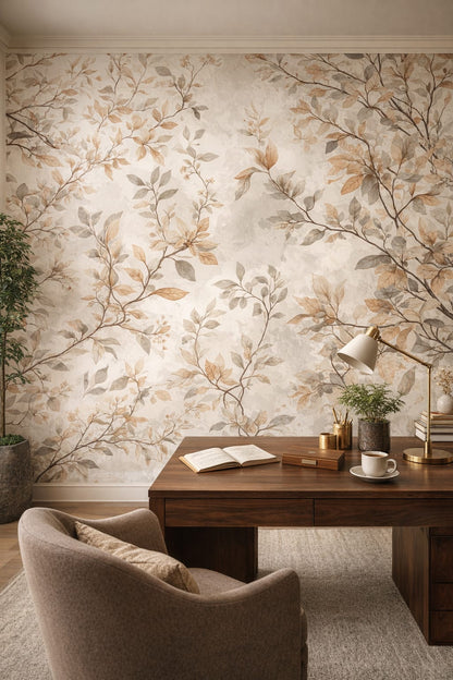 Biophilic neutral - Botanical branch pattern - Wall Mural Peel and Stick Wallpaper for Biophilic Design Executive Home Office.