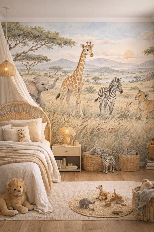 Modern Safari olive sand safari animals featuring savanna landscape - Wall Mural Peel and Stick Wallpaper for Modern Safari Kids Bedroom.