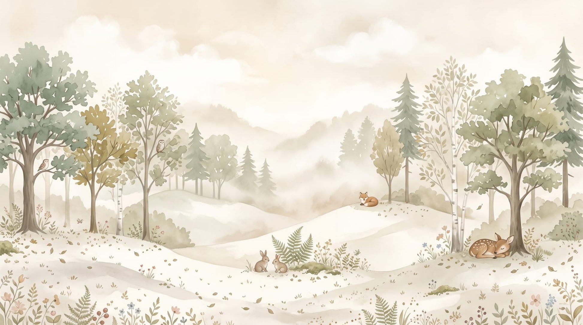 Dreamy gentle Cream woodland animals featuring forest landscape and wildflowers - Wall Mural & Peel and Stick Wallpaper for Watercolor Nursery or Kids Room