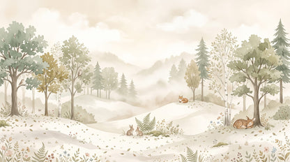 Dreamy gentle Cream woodland animals featuring forest landscape and wildflowers - Wall Mural & Peel and Stick Wallpaper for Watercolor Nursery or Kids Room