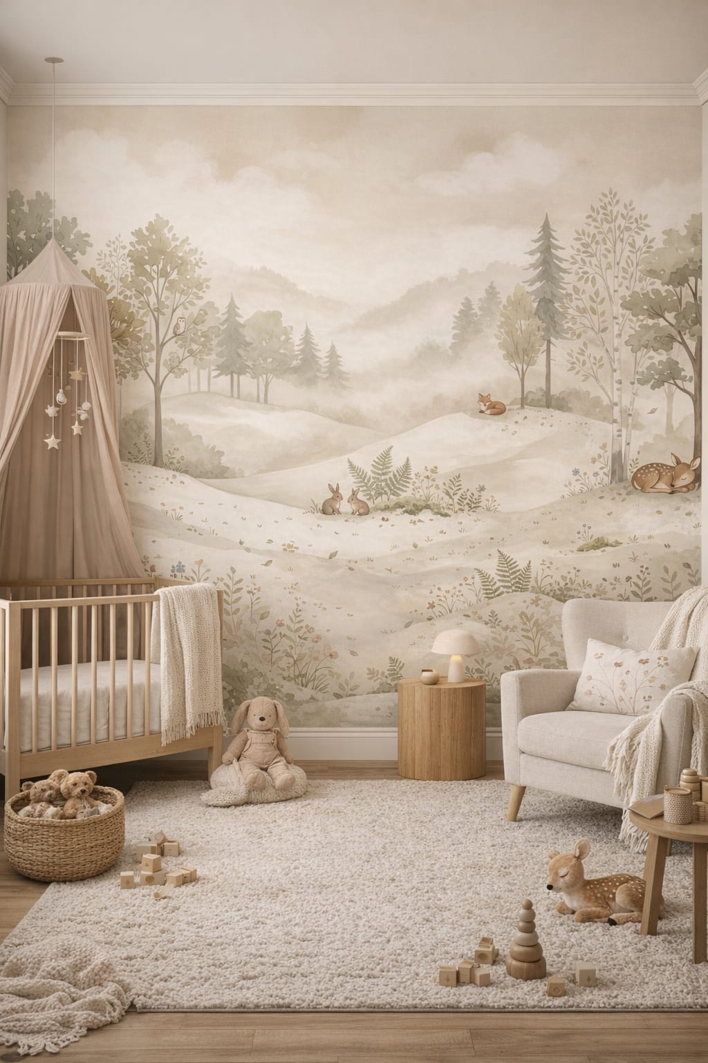 Organic Modern cream-toned woodland animals featuring forest landscape - Wall Mural Peel and Stick Wallpaper for Organic Modern Nursery.