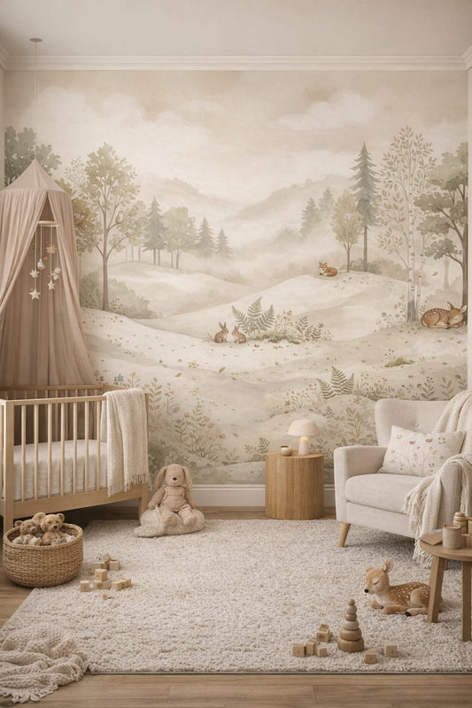 Organic Modern cream-toned woodland animals featuring forest landscape - Wall Mural Peel and Stick Wallpaper for Organic Modern Nursery.