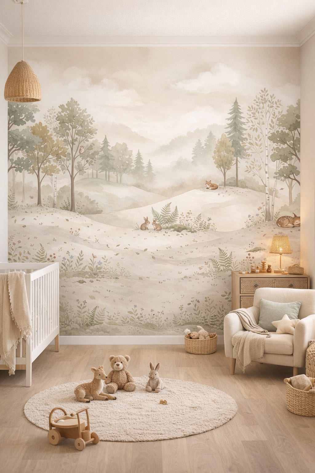 Scandi birch woodland animals featuring forest landscape - Wall Mural Peel and Stick Wallpaper for Scandi Kids Nursery.