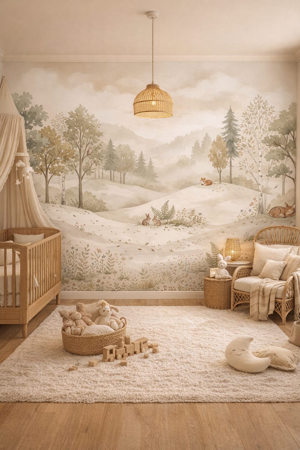 Whimsical sage woodland animals featuring forest landscape - Wall Mural Peel and Stick Wallpaper for Whimsical Boho Nursery.