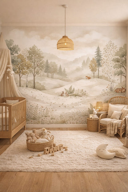 Whimsical sage woodland animals featuring forest landscape - Wall Mural Peel and Stick Wallpaper for Whimsical Boho Nursery.