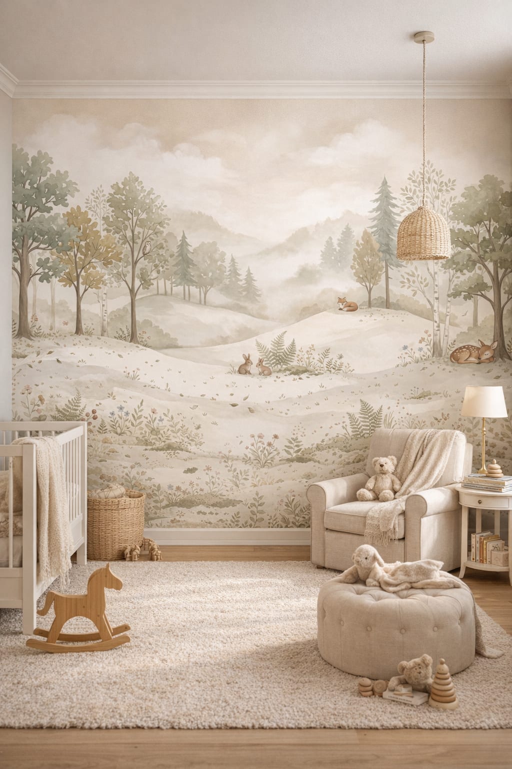 Storybook Sage woodland animals featuring forest landscape - Wall Mural Peel and Stick Wallpaper for Classic Storybook Nursery.