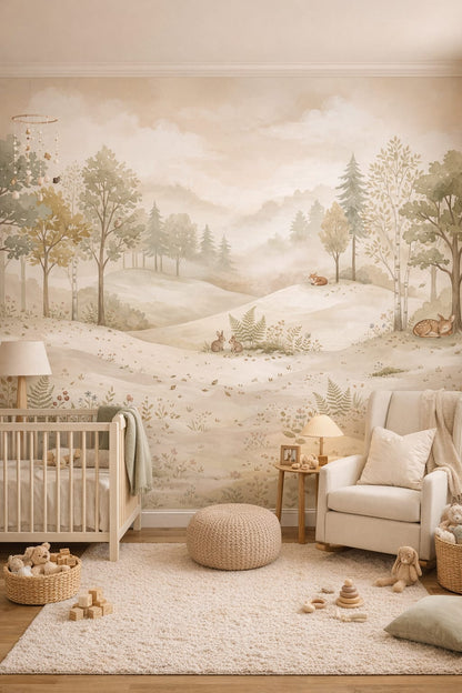 Forest Moss Green woodland animals featuring wildflowers - Wall Mural Peel and Stick Wallpaper for Woodland / Forest Nursery.