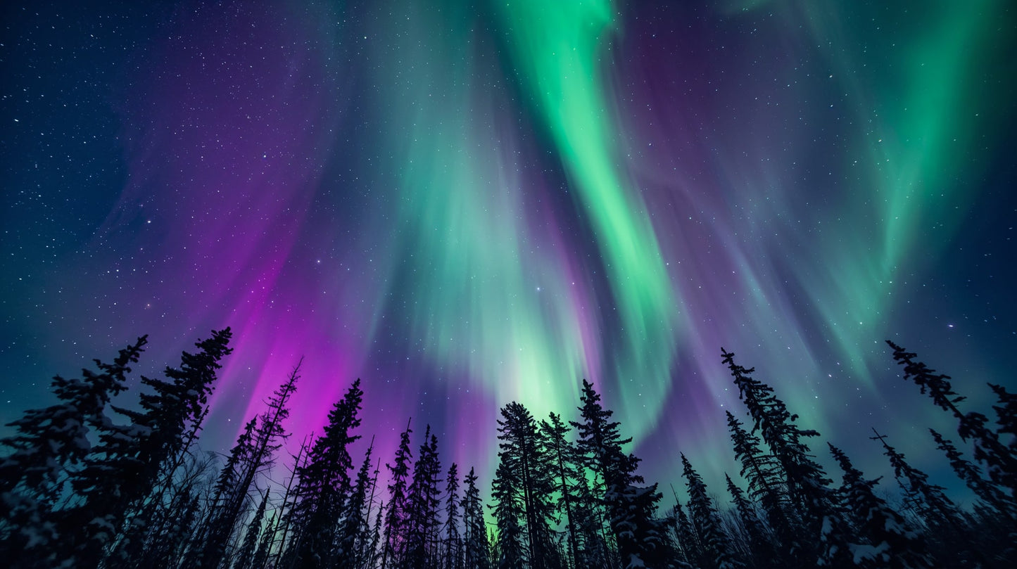 Ethereal luminous Green northern lights featuring a starry sky and pine forest silhouette - Wall Mural & Peel and Stick Wallpaper for Photographic Interiors and Premium Home Styling.