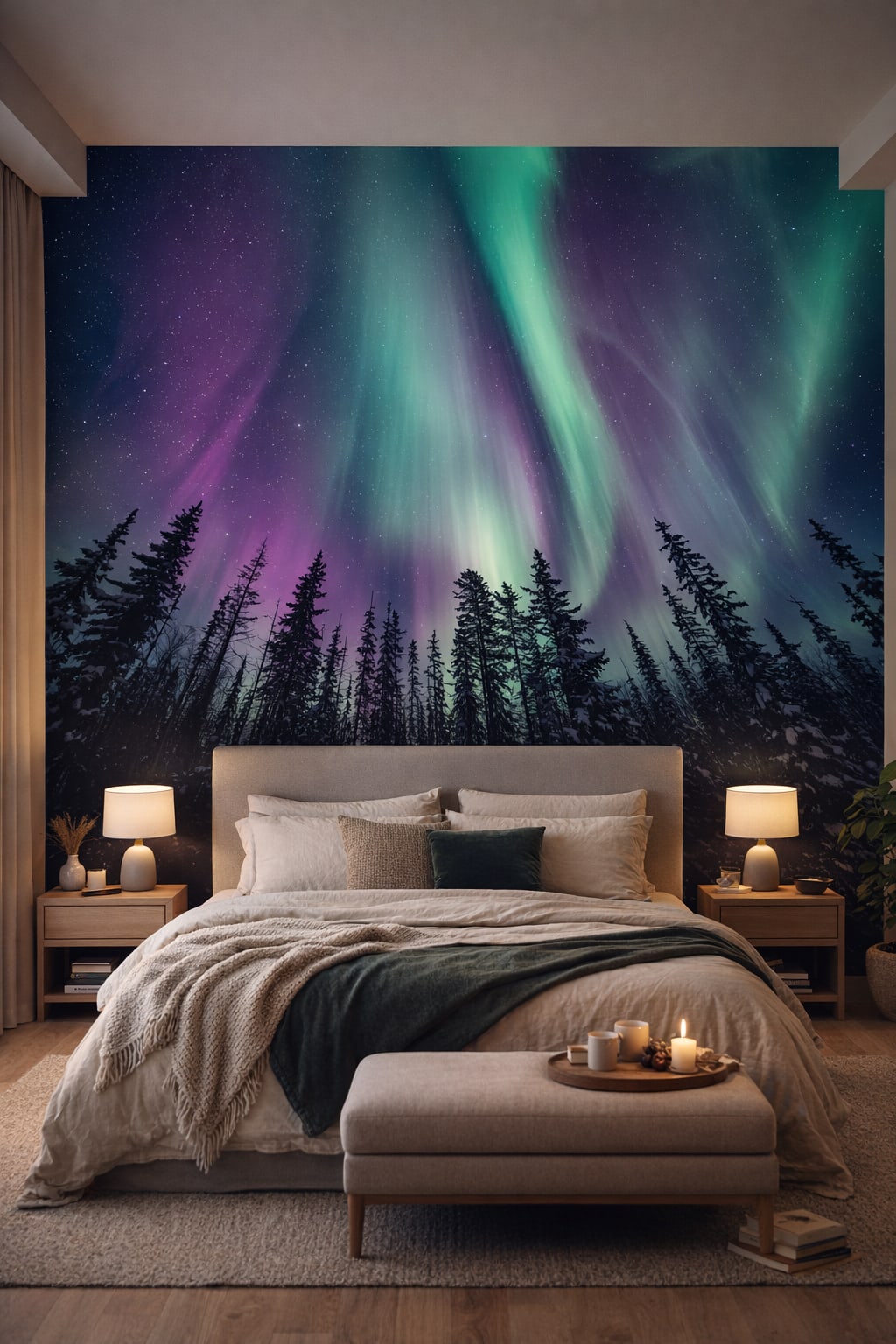 Zen neutral-toned northern lights featuring starry sky - Wall Mural Peel and Stick Wallpaper for Zen Master Bedroom.