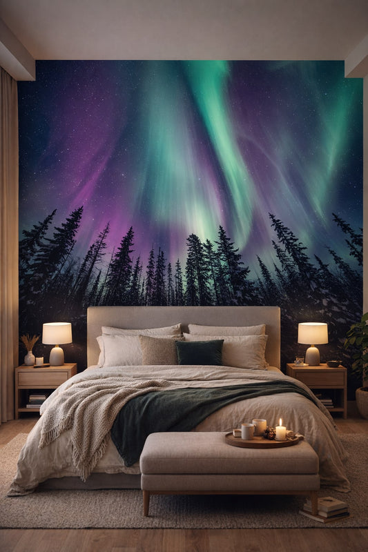 Zen neutral-toned northern lights featuring starry sky - Wall Mural Peel and Stick Wallpaper for Zen Master Bedroom.