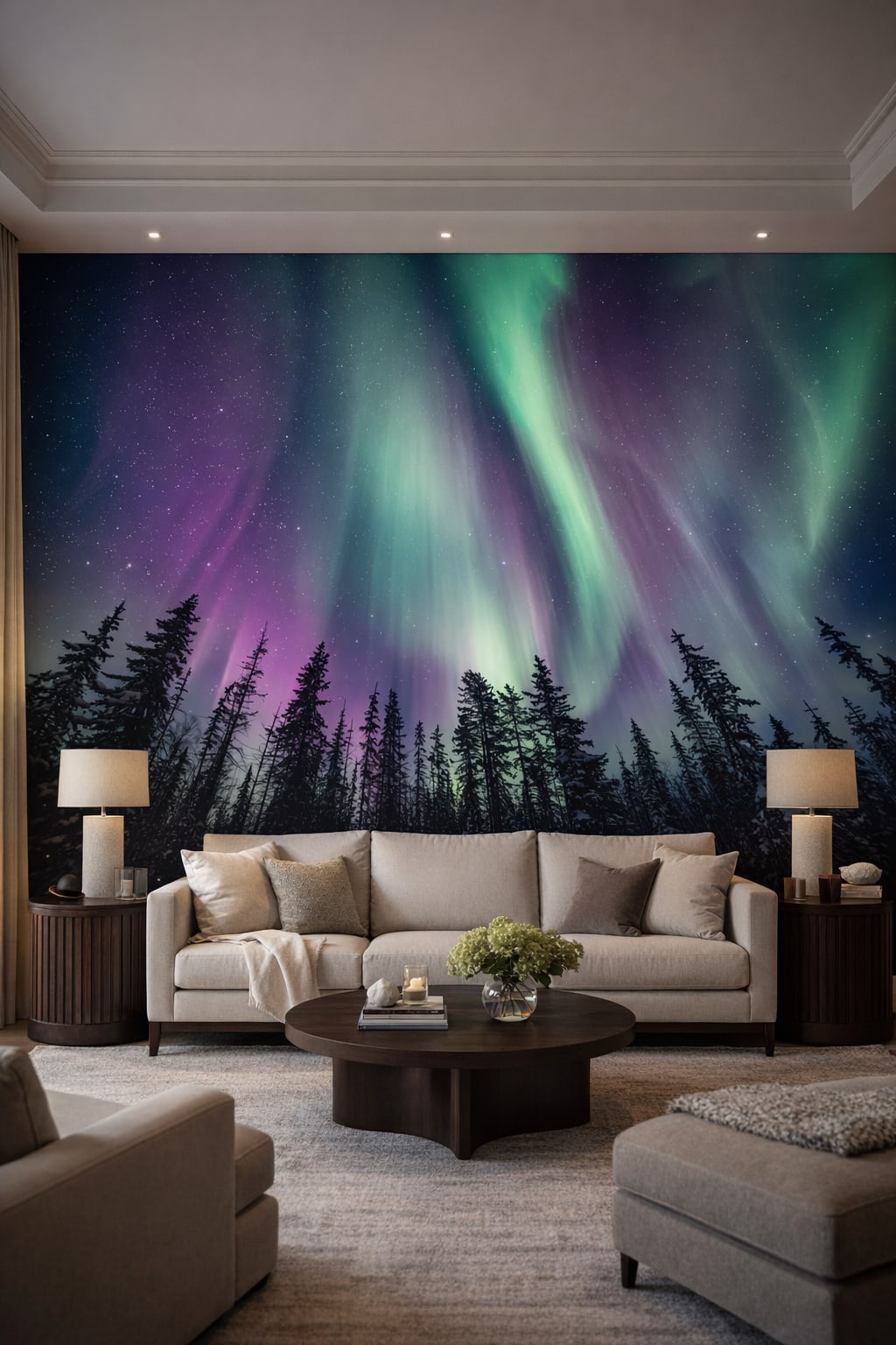 Greige quiet-luxury northern lights featuring starry sky - Wall Mural Peel and Stick Wallpaper for Quiet Luxury Formal Living Room.
