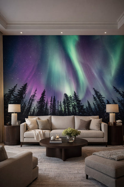 Greige quiet-luxury northern lights featuring starry sky - Wall Mural Peel and Stick Wallpaper for Quiet Luxury Formal Living Room.