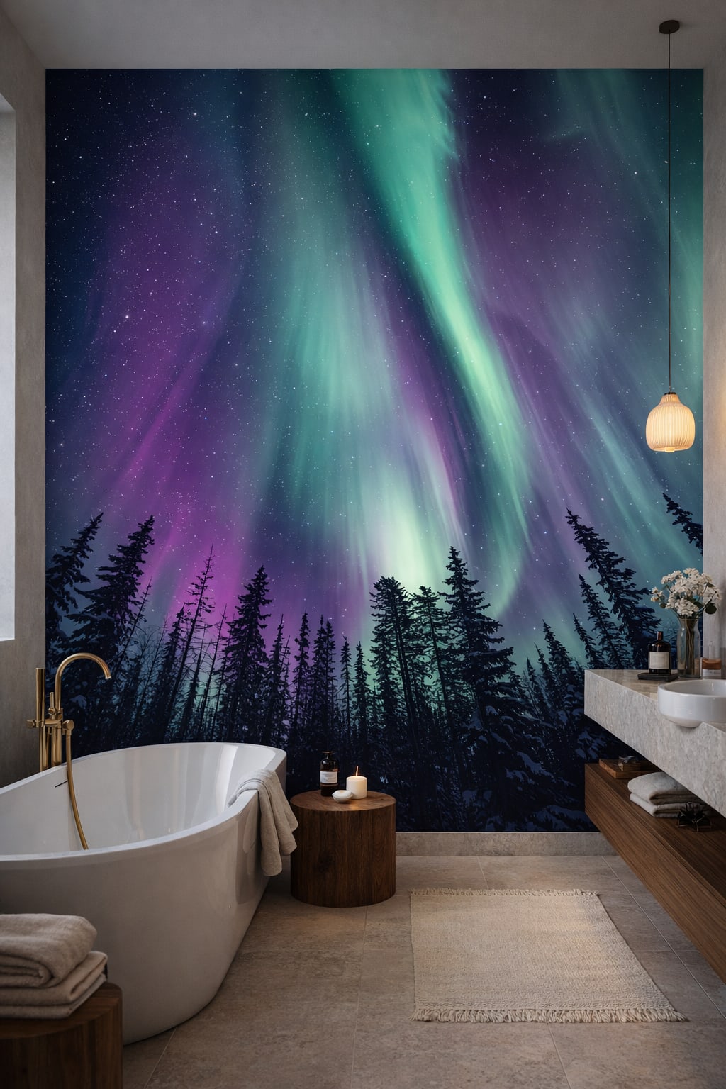Organic Modern cream northern lights featuring starry sky - Wall Mural Peel and Stick Wallpaper for Organic Modern Luxury Bathroom.