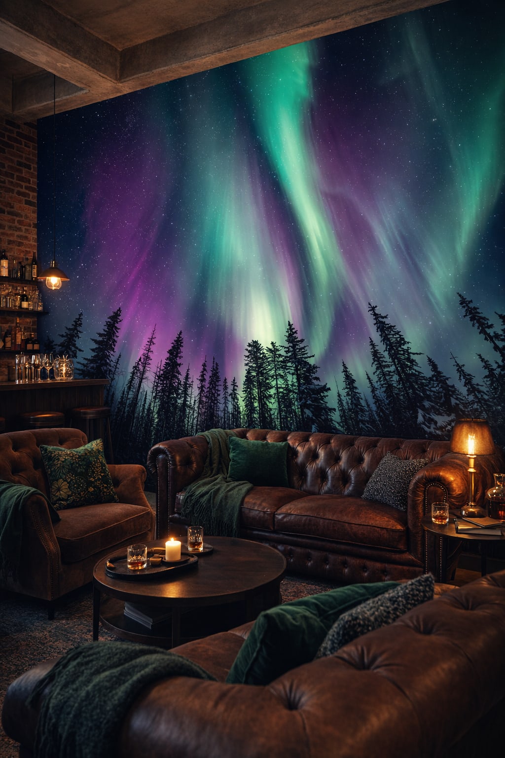 Charcoal-gray industrial northern lights featuring starry sky - Wall Mural Peel and Stick Wallpaper for Industrial Loft Bar/Lounge.