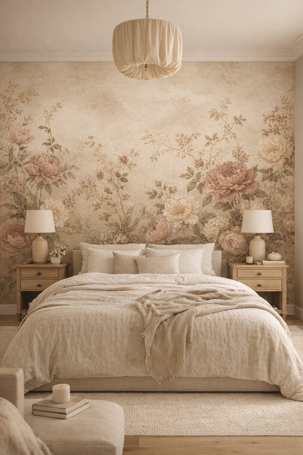 Greige Quiet Luxury floral blossoms - Wall Mural Peel and Stick Wallpaper for Quiet Luxury Master Bedroom.