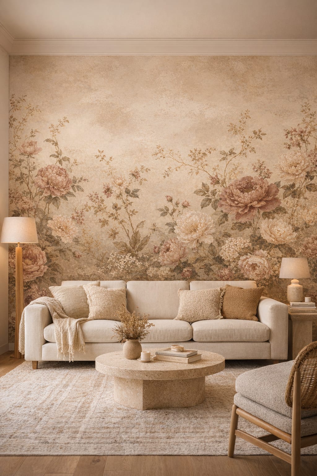 Organic Modern cream floral blossoms - Wall Mural Peel and Stick Wallpaper for Organic Modern Living Room.