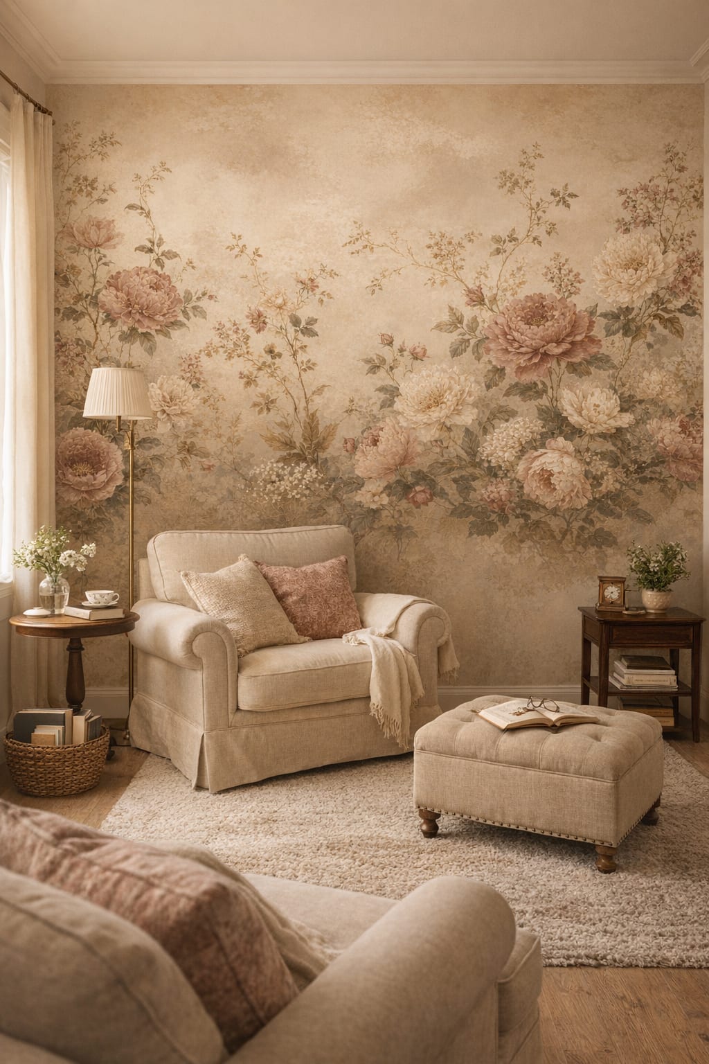 Cream green floral blossoms - Wall Mural Peel and Stick Wallpaper for English Cottage Reading Corner.