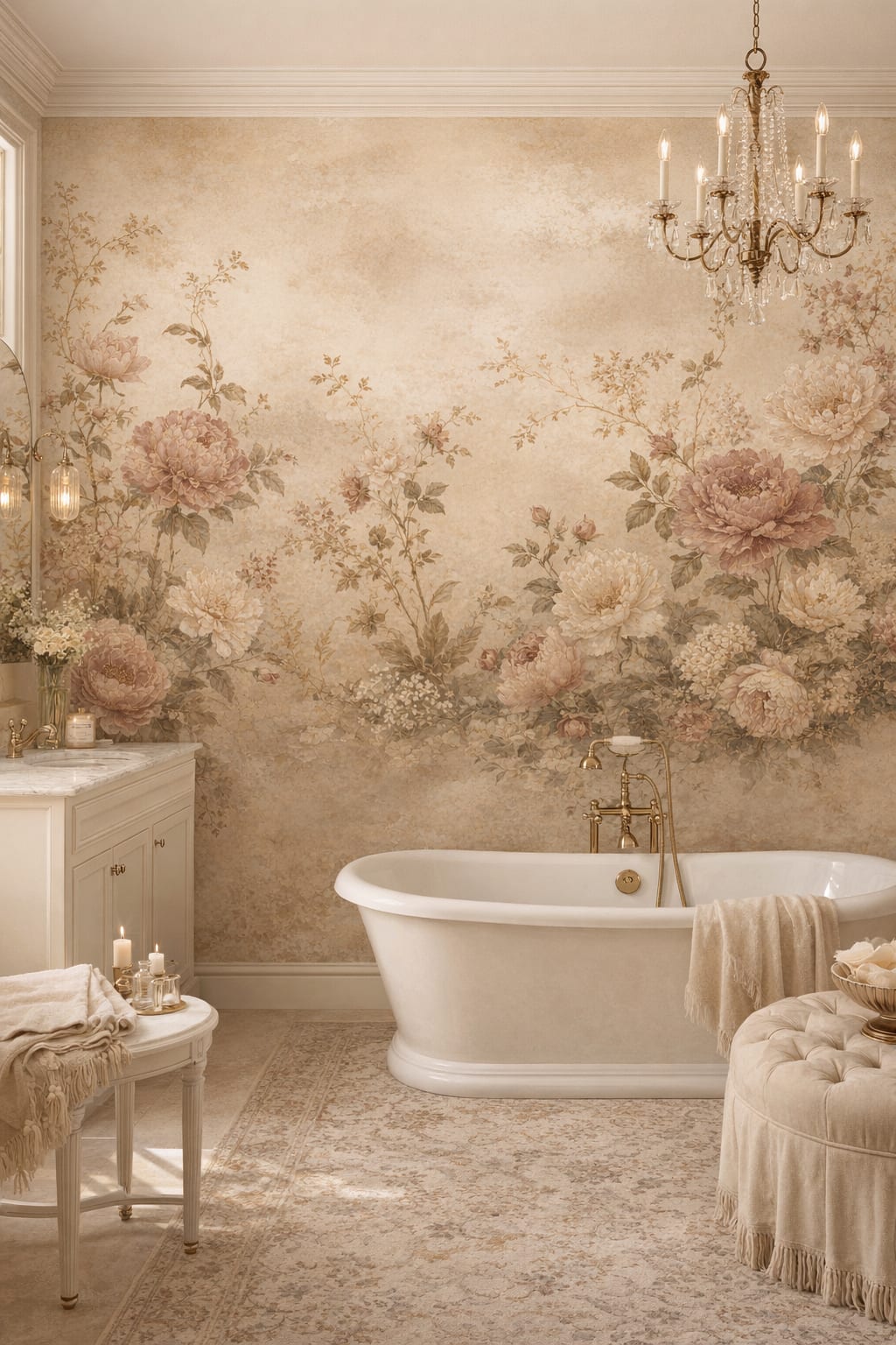 Cream-green Art Nouveau floral blossoms - Wall Mural Peel and Stick Wallpaper for Art Nouveau Luxury Bathroom.