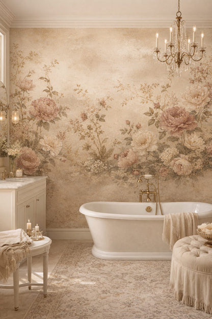 Cream-green Art Nouveau floral blossoms - Wall Mural Peel and Stick Wallpaper for Art Nouveau Luxury Bathroom.