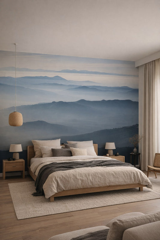 Japandi minimalist, sand-neutral misty mountains - Wall Mural Peel and Stick Wallpaper for Japandi Master Bedroom.