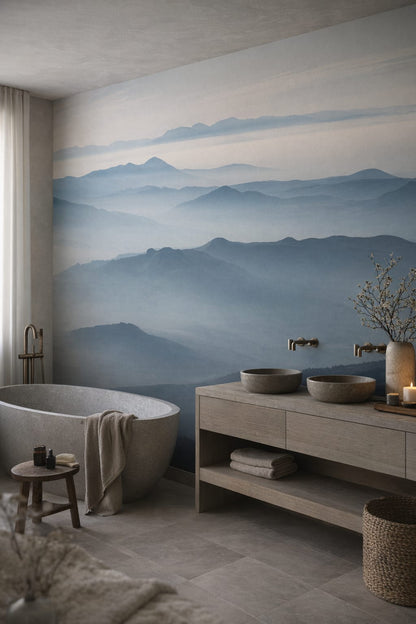 Wabi-sabi muted earth tones misty mountains - Wall Mural Peel and Stick Wallpaper for Wabi-sabi Luxury Bathroom.