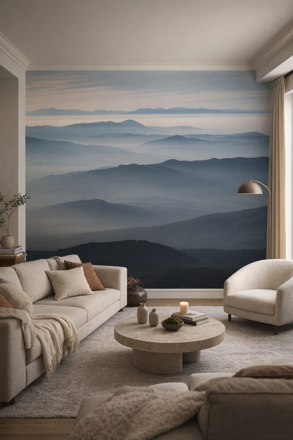 Organic Modern cream-toned misty mountains - Wall Mural Peel and Stick Wallpaper for Organic Modern Living Room.