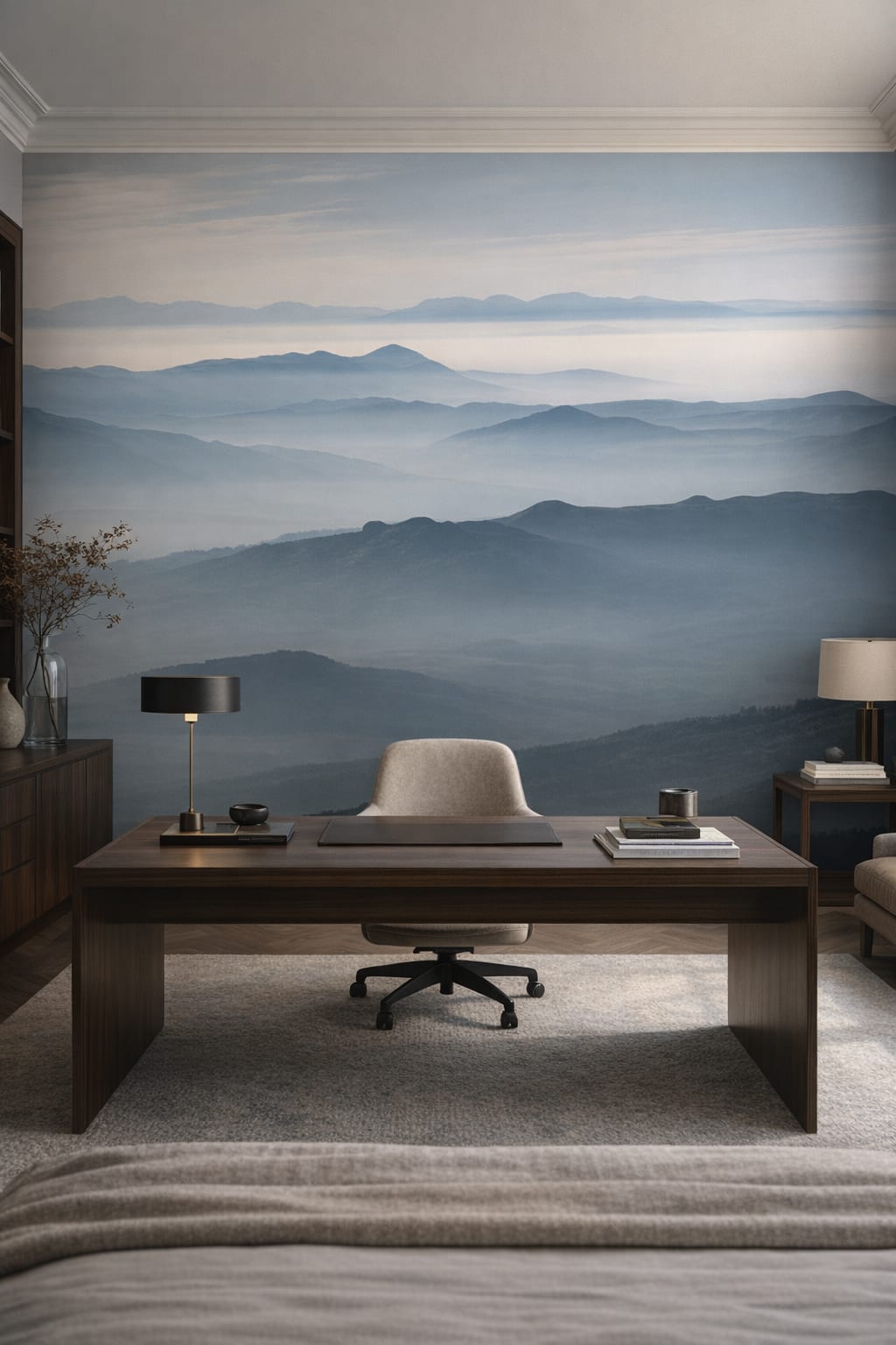 Greige quiet-luxury misty mountains - Wall Mural Peel and Stick Wallpaper for Quiet Luxury Executive Home Office.
