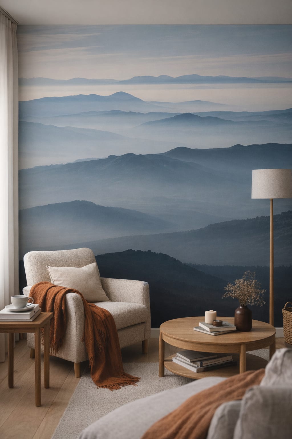 Scandinavian minimalist, blue-gray - misty mountains - Wall Mural Peel and Stick Wallpaper for Scandinavian Reading Corner.