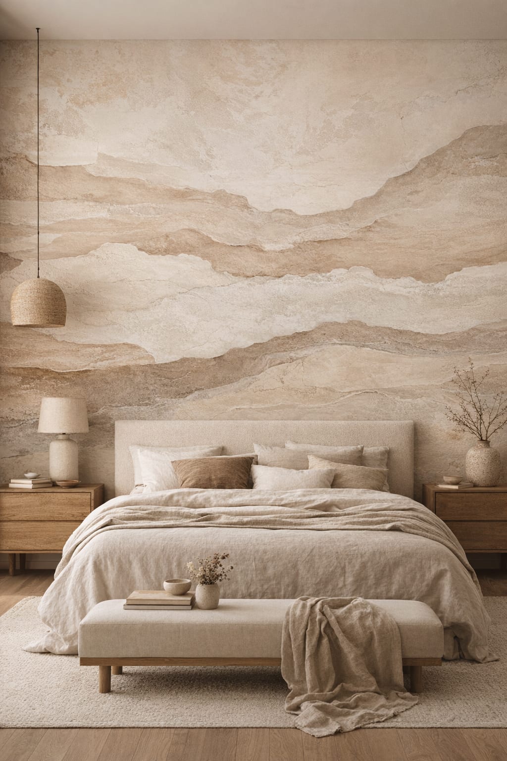 Wabi-sabi muted earth-tone stone texture - Wall Mural Peel and Stick Wallpaper for Wabi-sabi Master Bedroom.