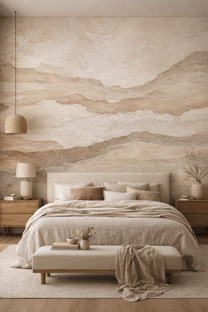 Wabi-sabi muted earth-tone stone texture - Wall Mural Peel and Stick Wallpaper for Wabi-sabi Master Bedroom.