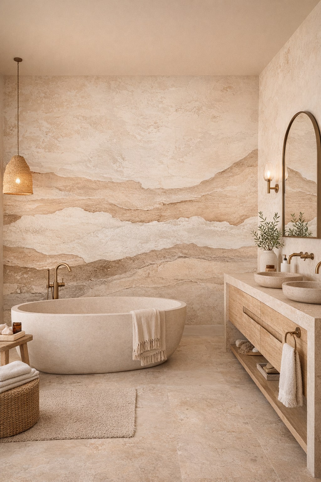 Sand-toned Mediterranean Modern stone texture - Wall Mural Peel and Stick Wallpaper for Mediterranean Modern Luxury Bathroom.