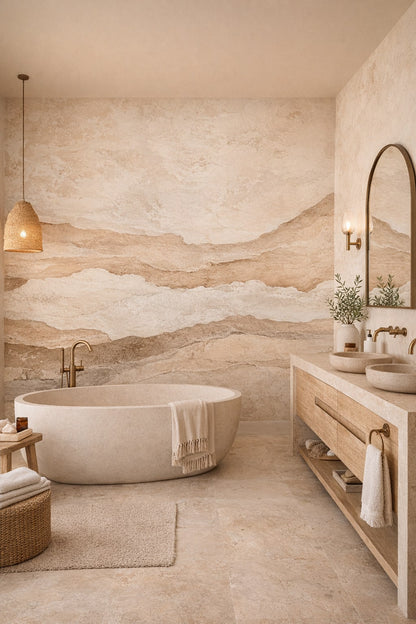 Sand-toned Mediterranean Modern stone texture - Wall Mural Peel and Stick Wallpaper for Mediterranean Modern Luxury Bathroom.