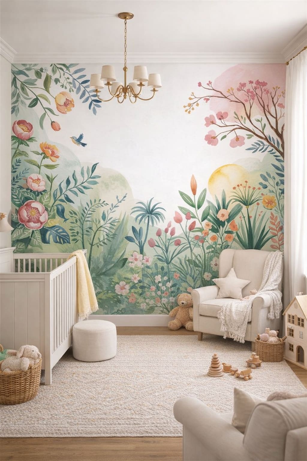 Classic Storybook dusty rose garden florals featuring foliage - Wall Mural Peel and Stick Wallpaper for Classic Storybook Nursery.