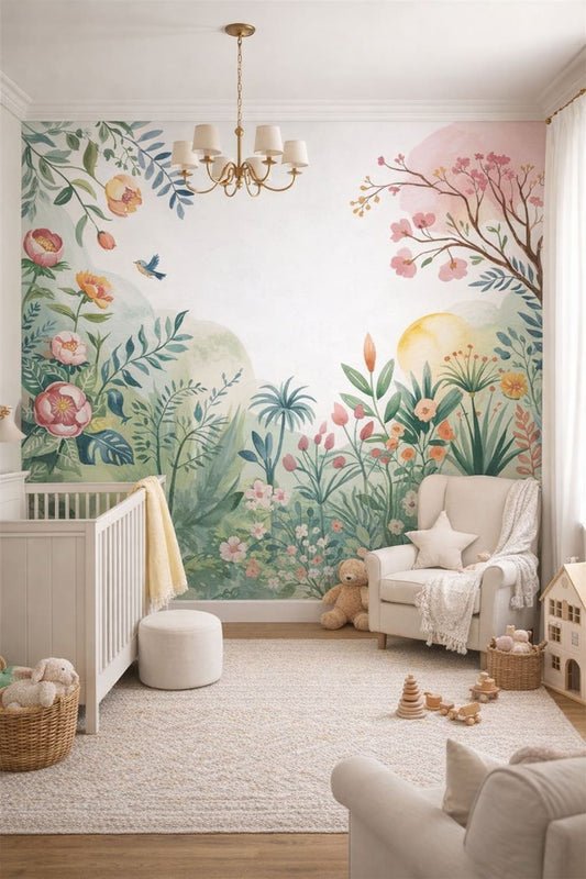 Classic Storybook dusty rose garden florals featuring foliage - Wall Mural Peel and Stick Wallpaper for Classic Storybook Nursery.
