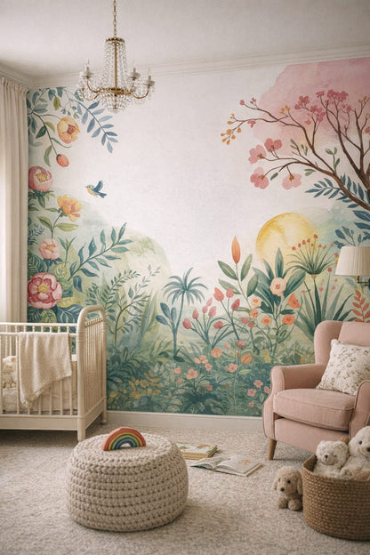 Garden green English style, rose-and-white palette garden florals featuring songbird - Wall Mural Peel and Stick Wallpaper for English Garden Nursery Nursery.