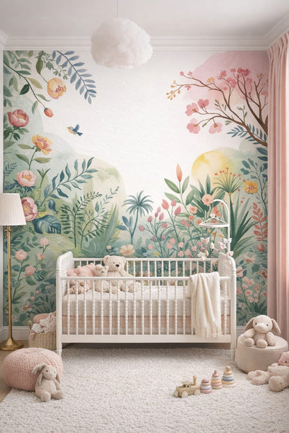 Pastel glam blush garden florals featuring songbird - Wall Mural Peel and Stick Wallpaper for Pastel Glam Nursery Nursery.