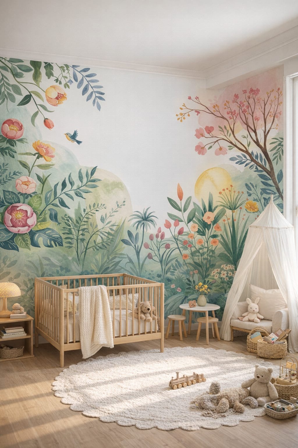 Scandi Kids birch-toned garden florals featuring foliage - Wall Mural Peel and Stick Wallpaper for Scandi Kids Nursery.