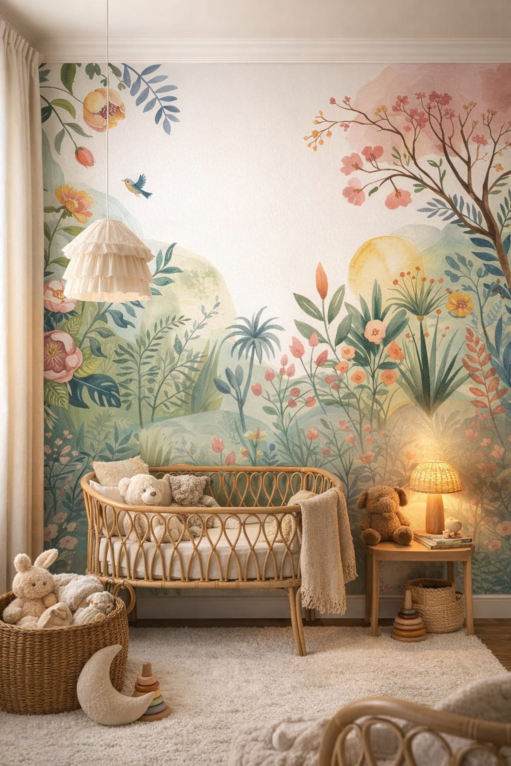 Whimsical Boho terracotta garden florals featuring foliage - Wall Mural Peel and Stick Wallpaper for Whimsical Boho Nursery.