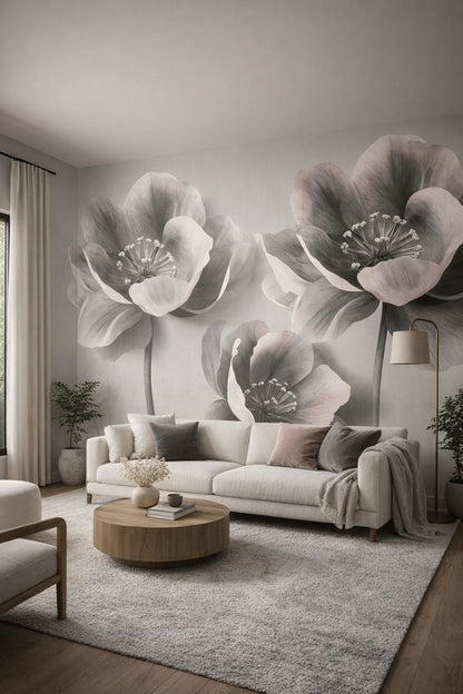 Cream Organic Modern floral blossoms - Wall Mural Peel and Stick Wallpaper for Organic Modern Living Room.