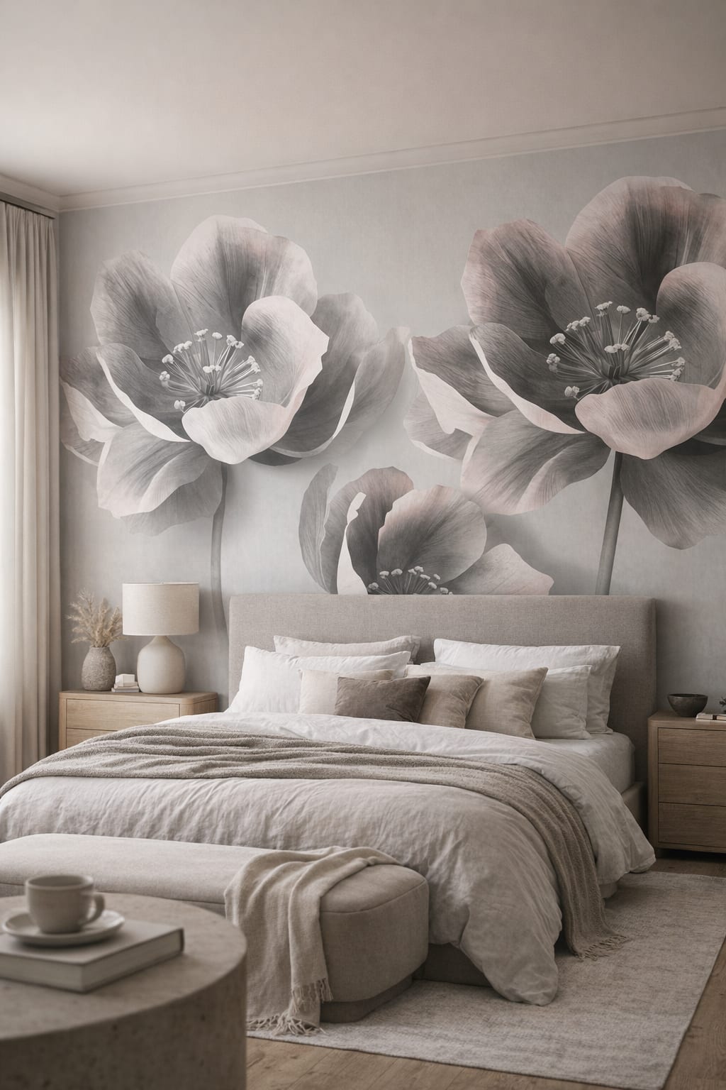 Zen soft-neutral floral blossoms - Wall Mural Peel and Stick Wallpaper for Zen Master Bedroom.