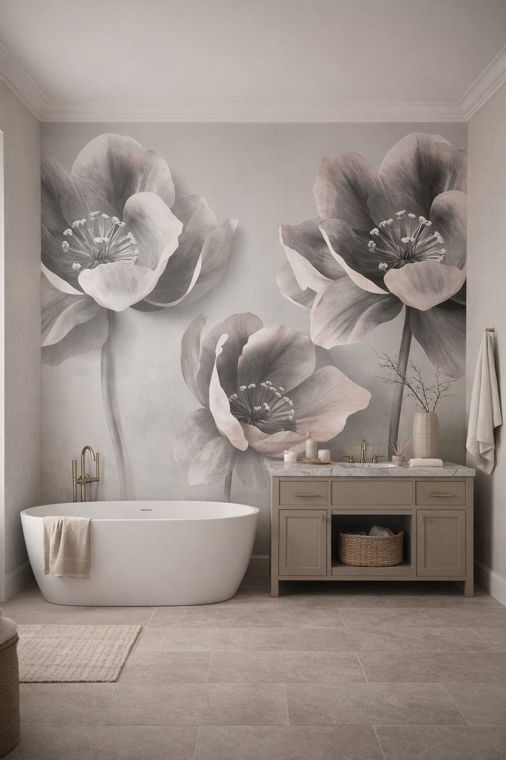 Quiet Luxury soft charcoal floral blossoms - Wall Mural Peel and Stick Wallpaper for Quiet Luxury Luxury Bathroom.
