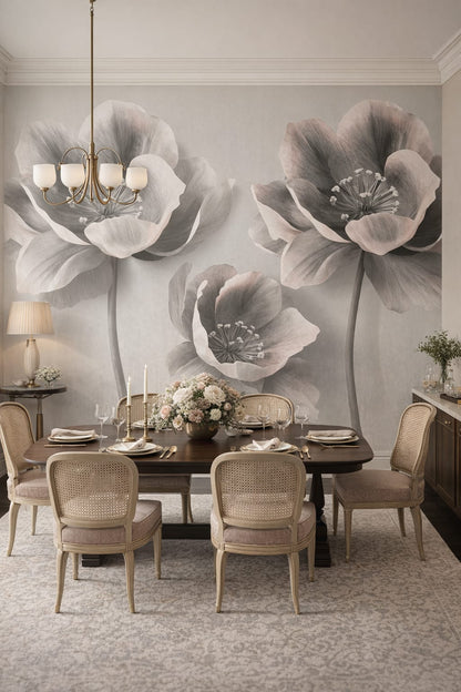 Cream Art Nouveau floral blossoms - Wall Mural Peel and Stick Wallpaper for Art Nouveau Formal Dining Room.
