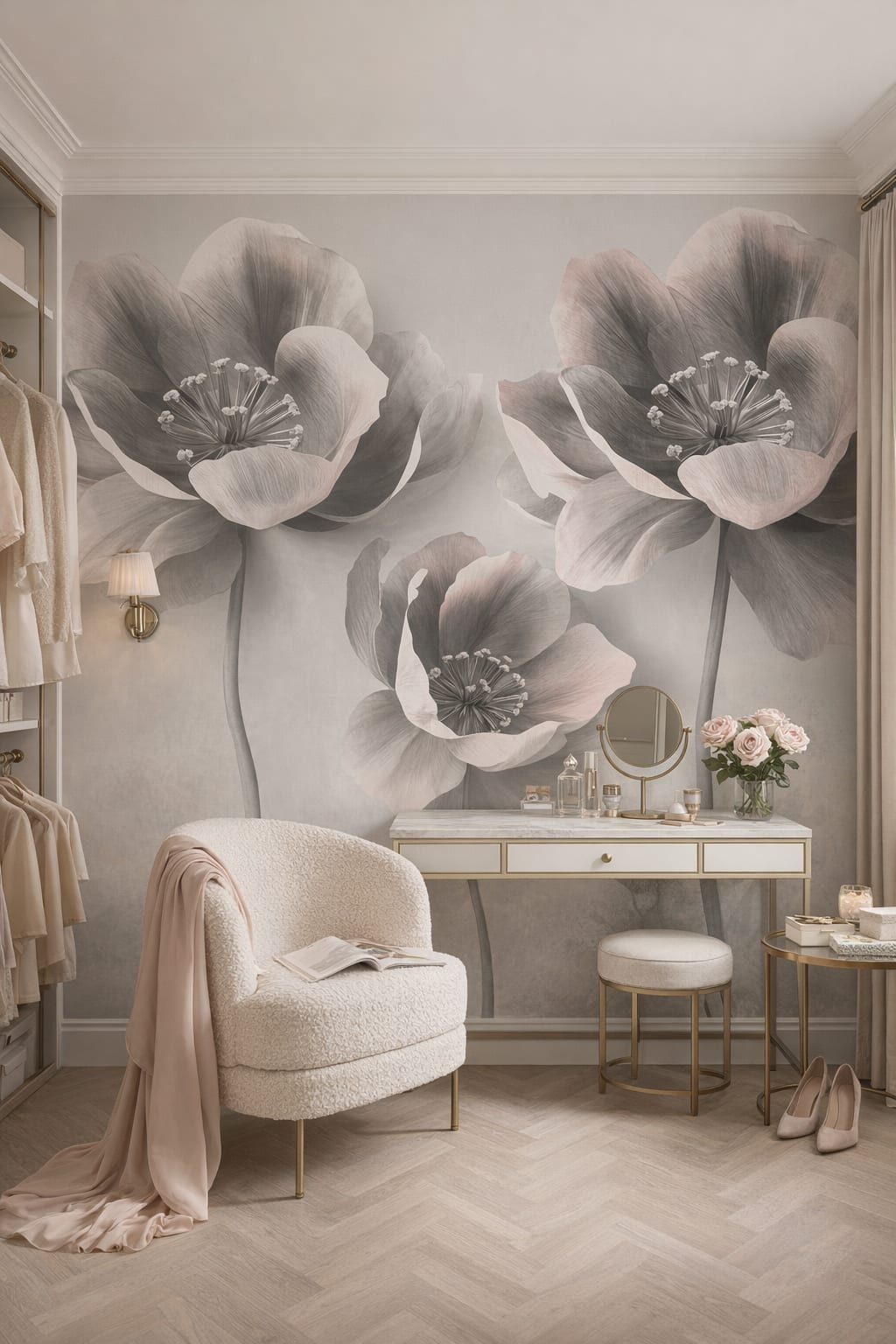 Parisian white floral blossoms - Wall Mural Peel and Stick Wallpaper for Parisian Dressing Room.
